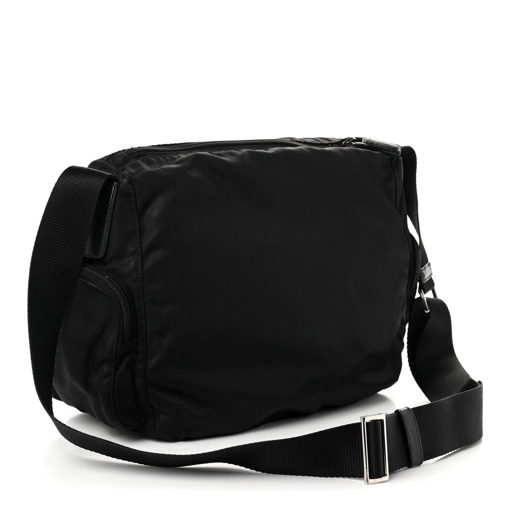 Re-Nylon Vela Saffiano Pocket Double Zip Shoulder Bag Black