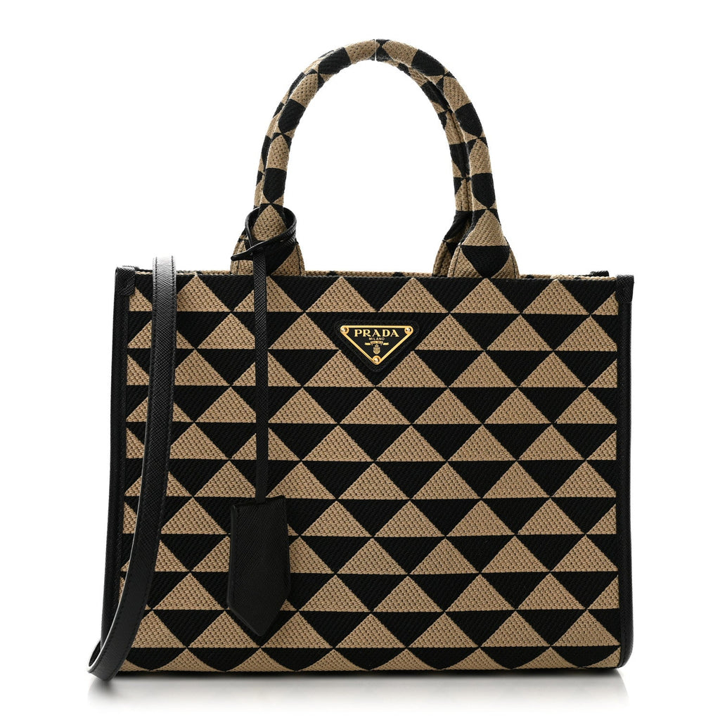 Jacquard Saffiano Triangolo Symbole Embroidered Small Tote Black Corda