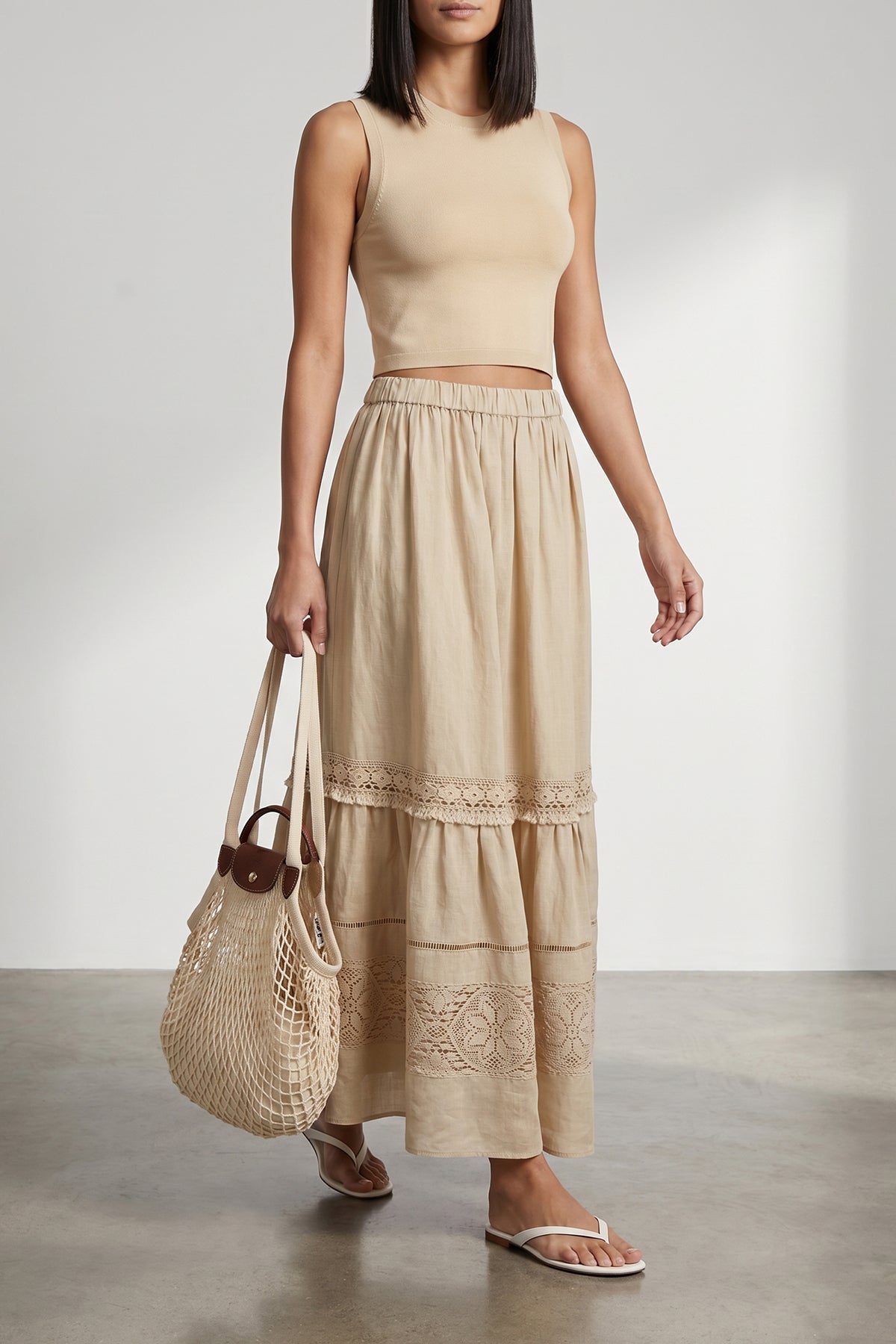 LONGCHAMP Mesh shoulder bag with leather trims