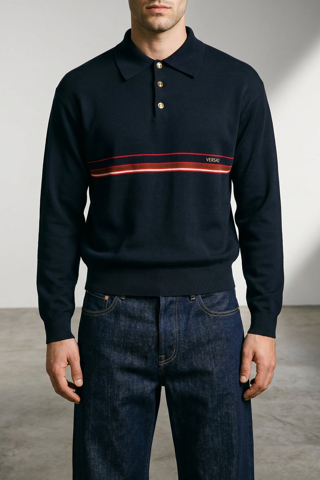 Versace Long-sleeved polo shirt with intarsia stripes
