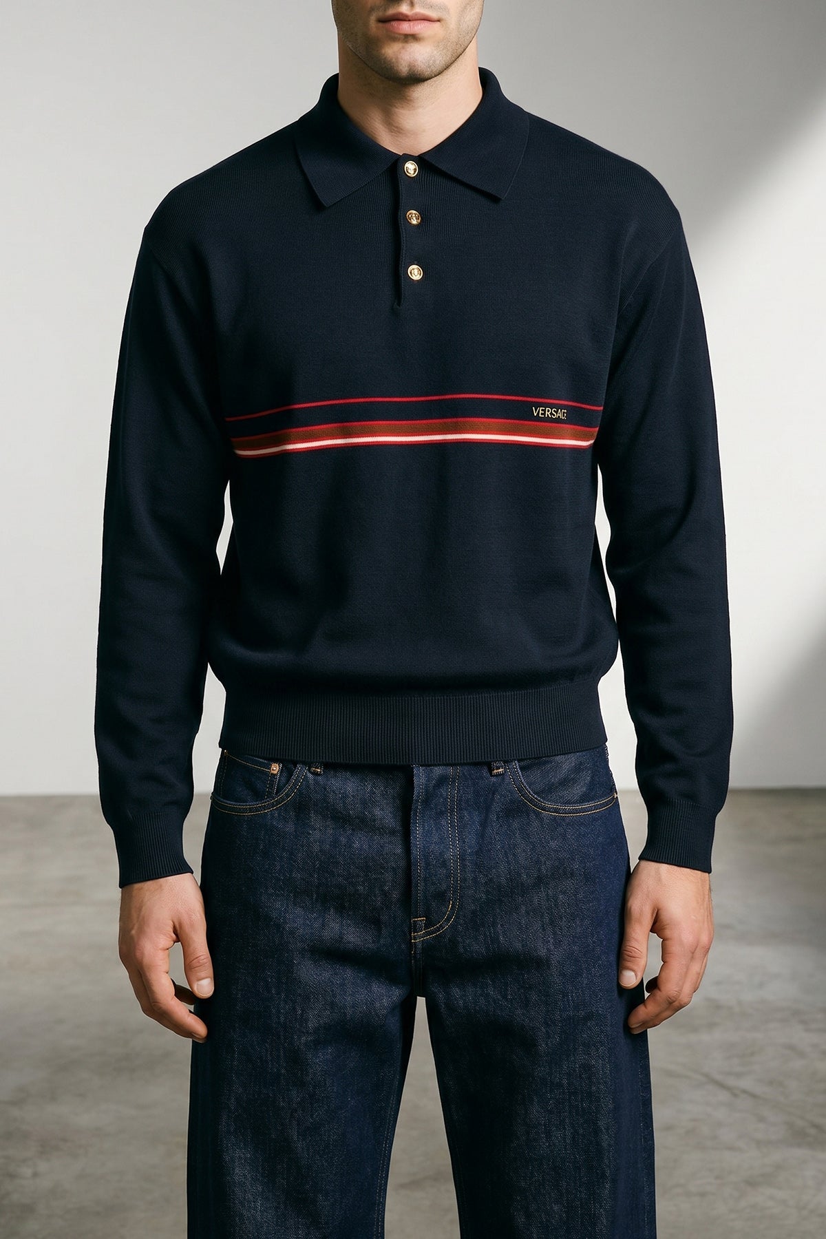 Versace Long-sleeved polo shirt with intarsia stripes