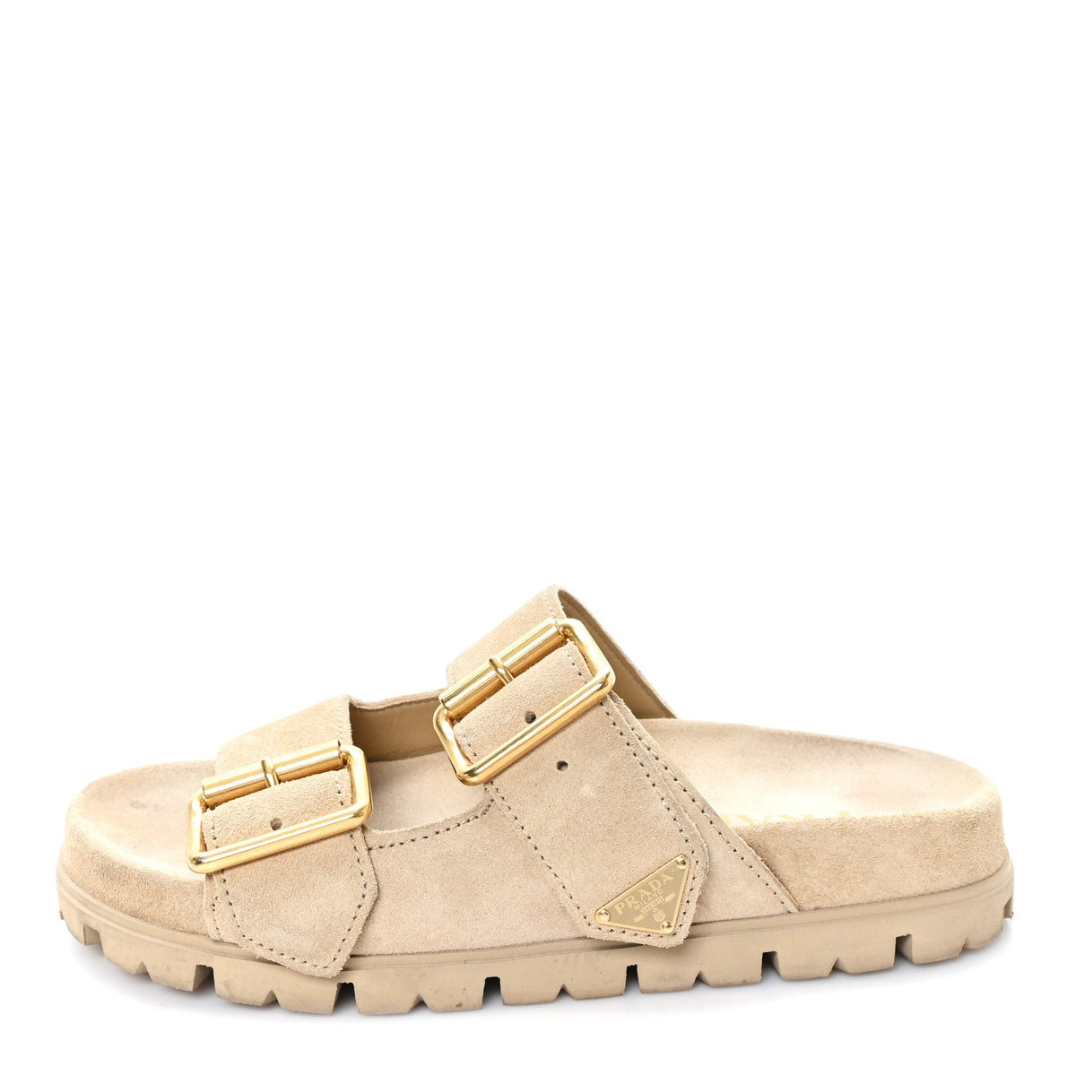 Suede Metal Triangle Logo Womens Double Buckle 20mm Slide Sandals 36 Ecru