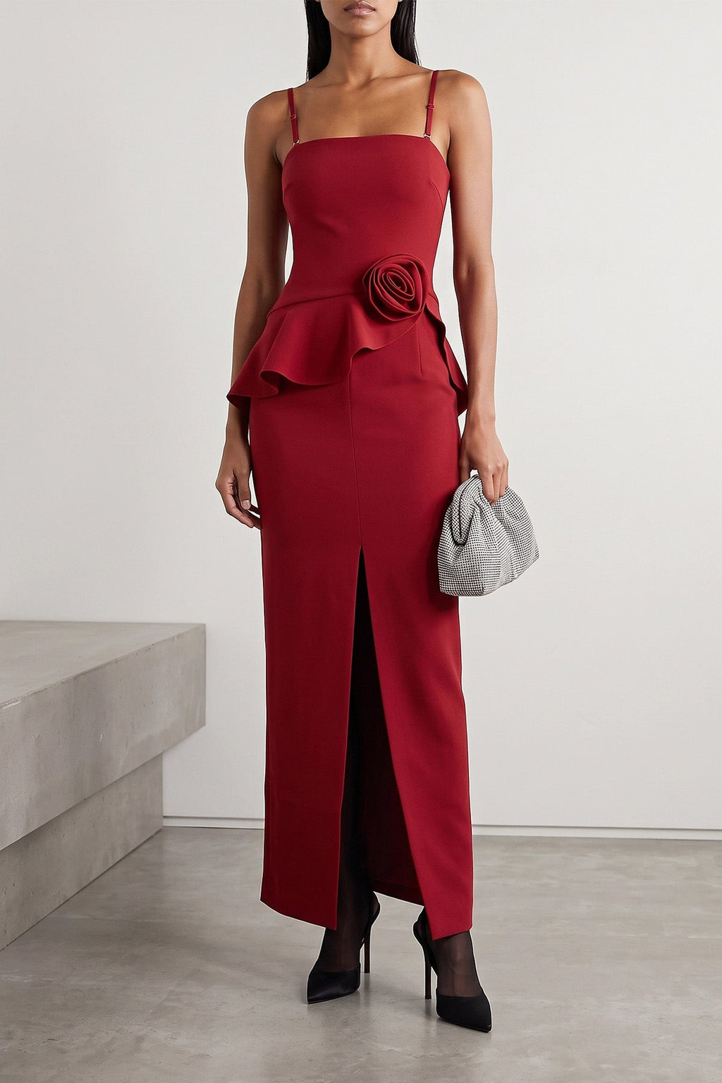 Sculptural Gown with 3D Floral Appliqué