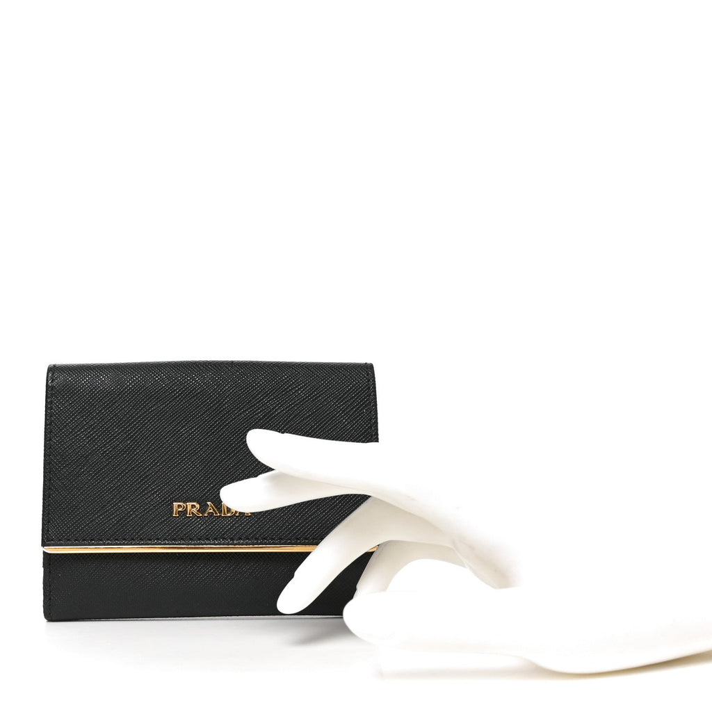 Saffiano Compact Metal Bar Flap Wallet Black