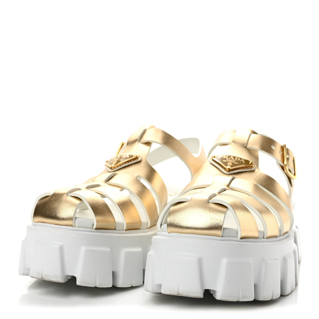 Metallic Vitello Metal Triangle Logo Monolith 55mm Cage Sandals 40 Platino