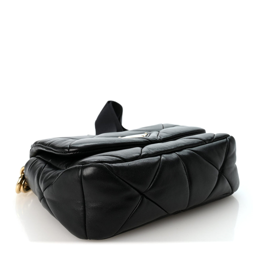 Nappa Re-Nylon Triangle Quilted Patchwork System Flap Shoulder Bag Black