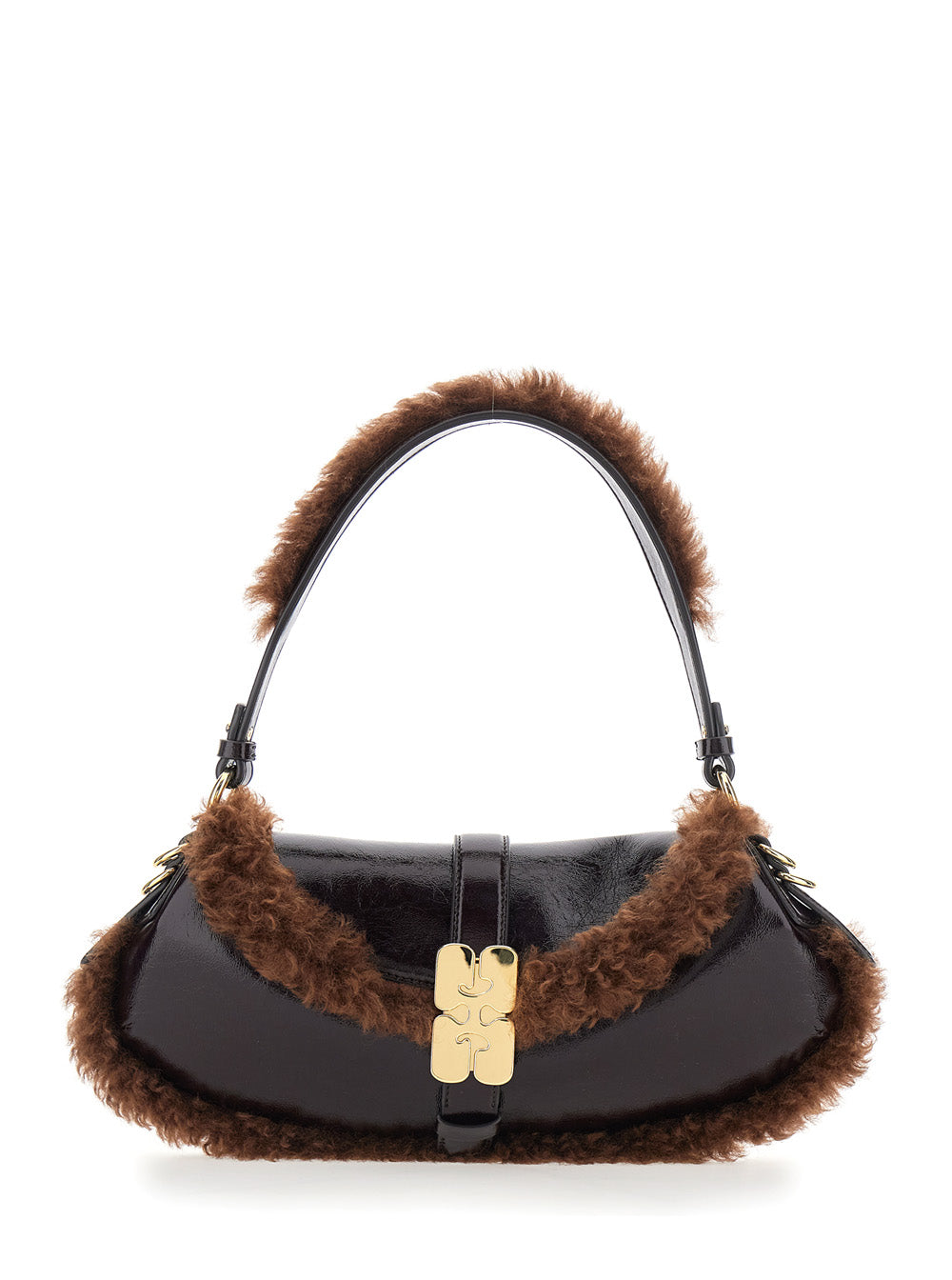 Ganni Women Shoulder Bag With Fur Piping In Brown