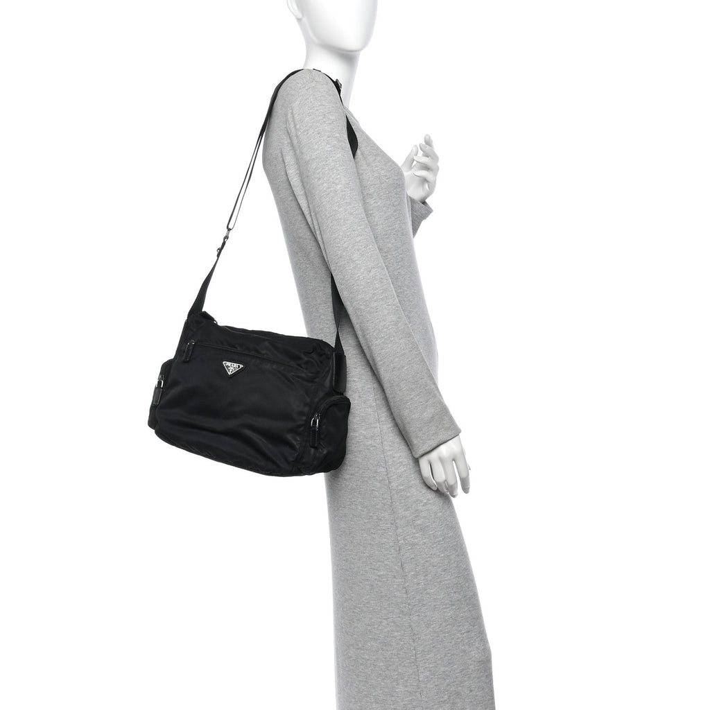 Re-Nylon Vela Saffiano Pocket Double Zip Shoulder Bag Black