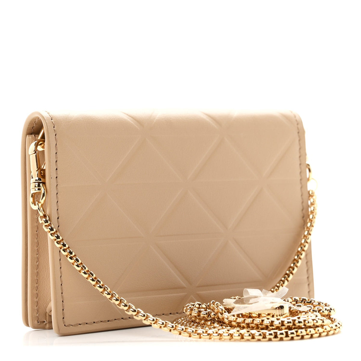 Nappa Quilted Metal Patchwork Triangle Logo Card Holder With Strap Sand Beige