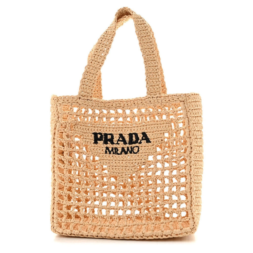 Yarn Raffia Effect Crochet Logo Embroidered Small Tote Bag Naturale