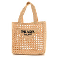 Yarn Raffia Effect Crochet Logo Embroidered Small Tote Bag Naturale