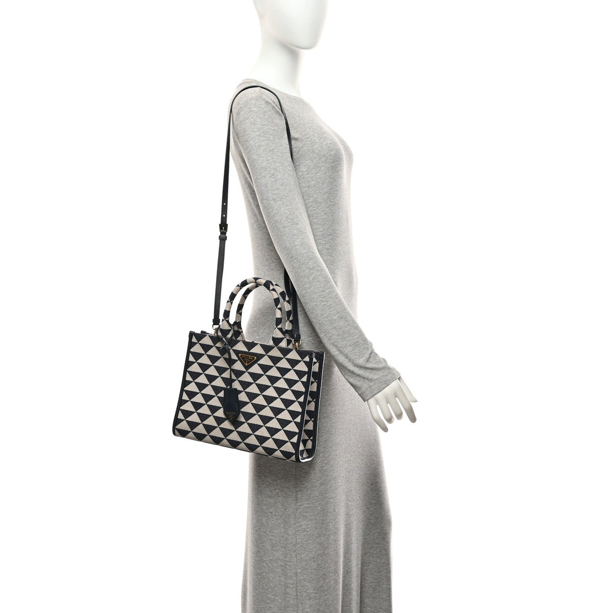 Jacquard Saffiano Triangolo Symbole Embroidered Small Tote Baltico Talco