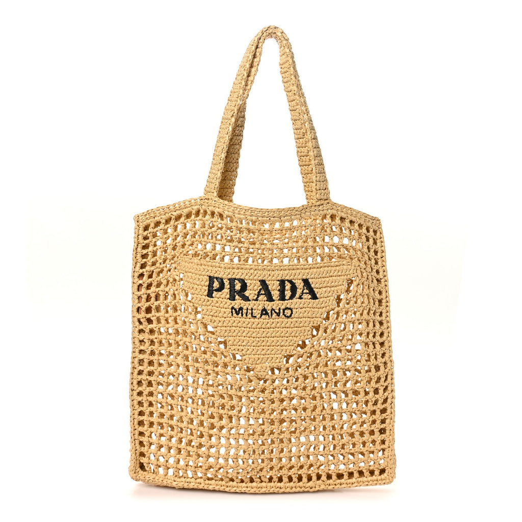 Yarn Raffia Effect Crochet Logo Embroidered Tote Bag Naturale