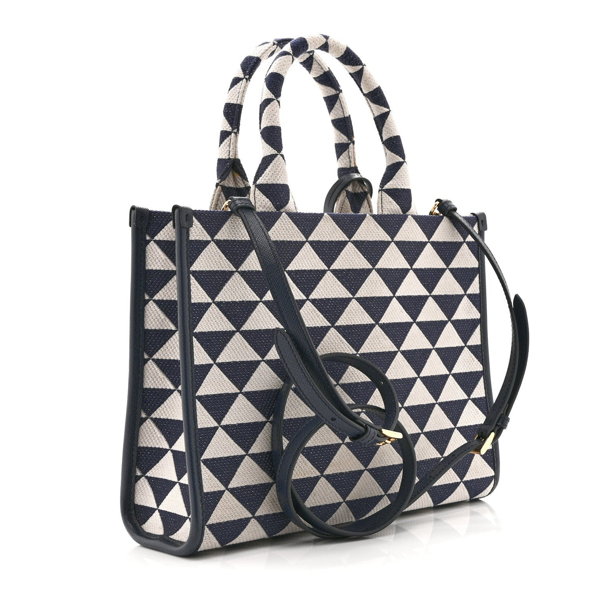 Jacquard Saffiano Triangolo Symbole Embroidered Small Tote Baltico Talco
