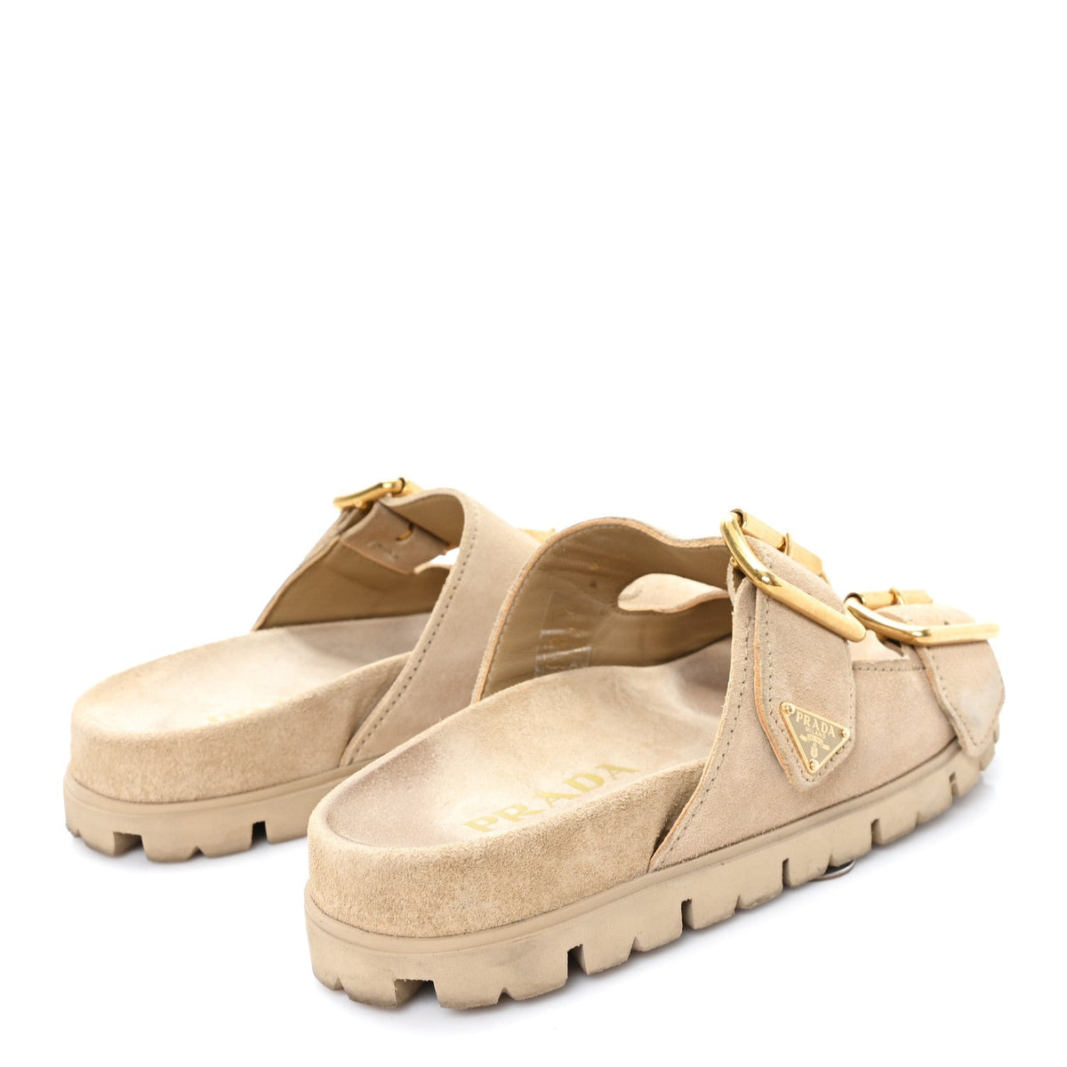 Suede Metal Triangle Logo Womens Double Buckle 20mm Slide Sandals 36 Ecru