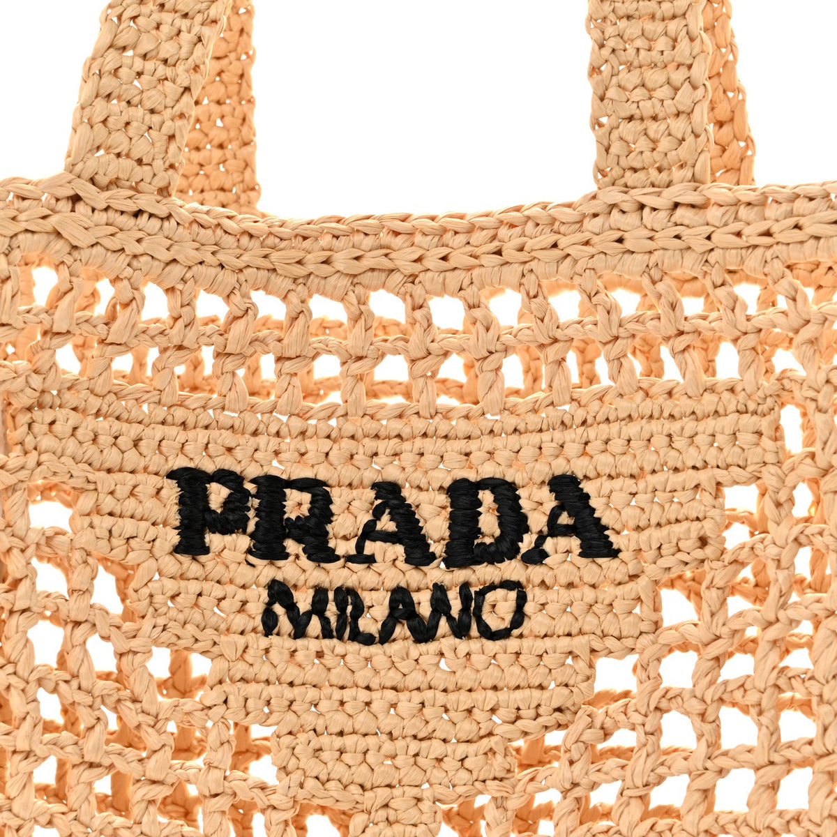 Yarn Raffia Effect Crochet Logo Embroidered Small Tote Bag Naturale