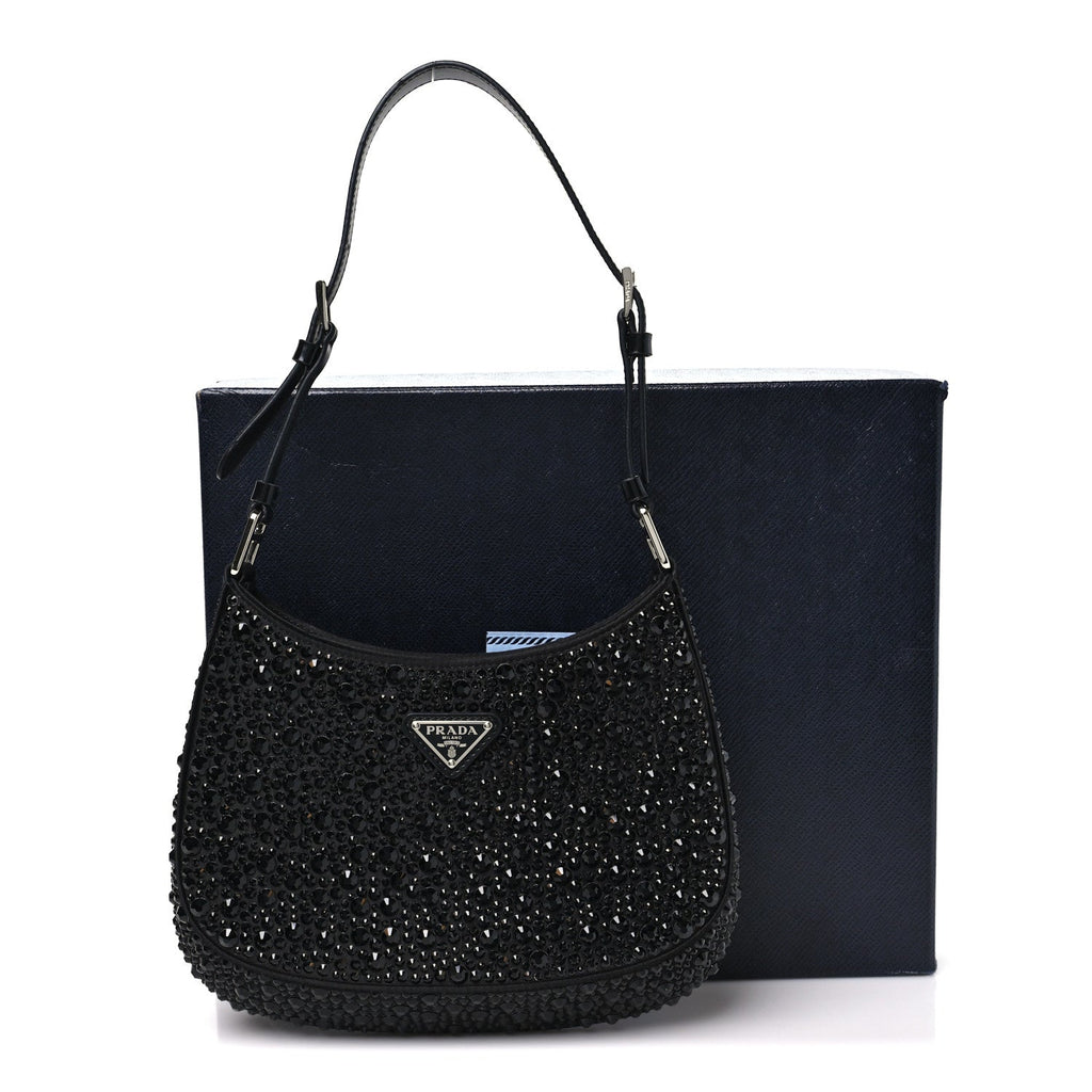 Satin Crystal Cleo Adjustable Strap Shoulder Bag Black