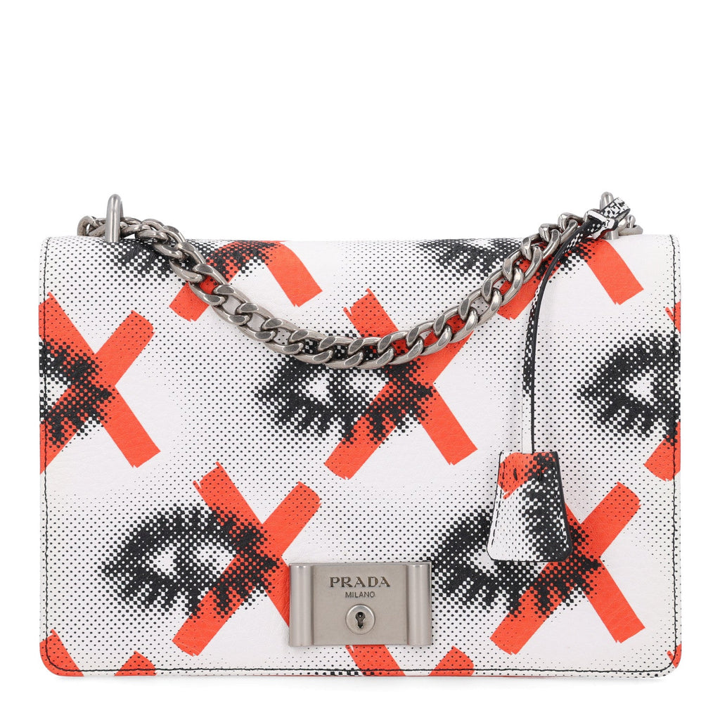 Vitello Daino Eye Inside Lock Flap Chain Shoulder Bag Bianco Arancio
