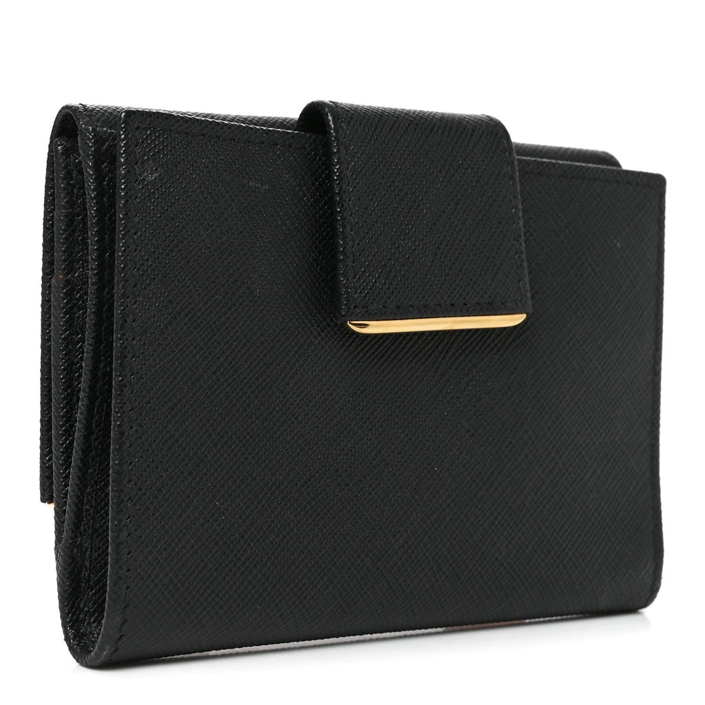 Saffiano Compact Metal Bar Flap Wallet Black