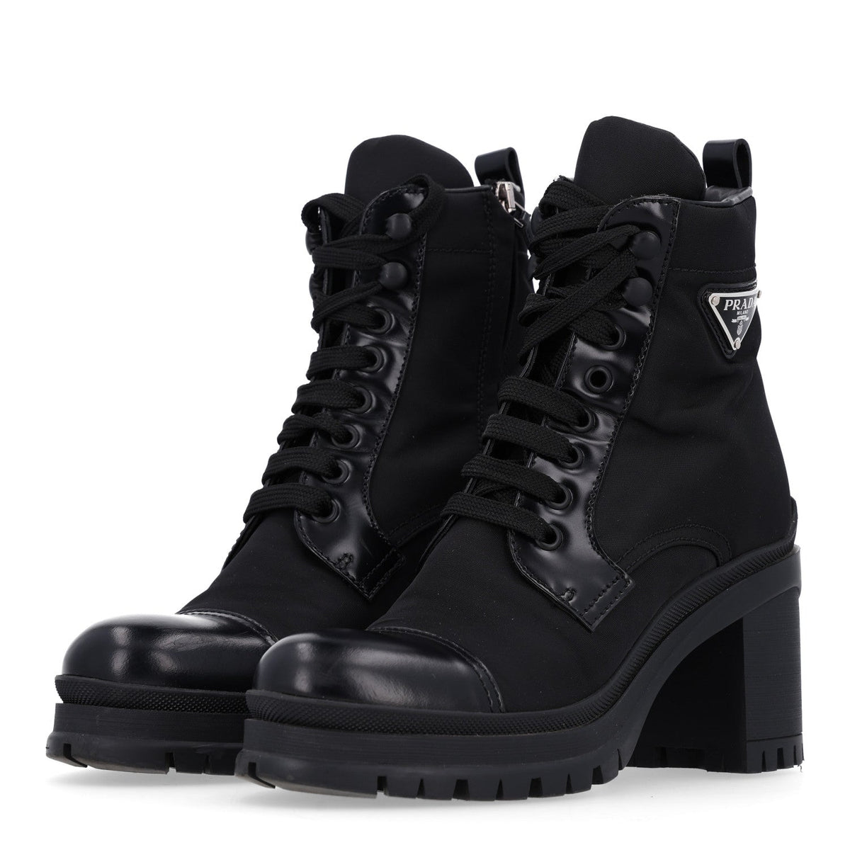 Spazzolato Re-Nylon Metal Triangle Logo Lace Up 55mm Ankle Boots 36 Black
