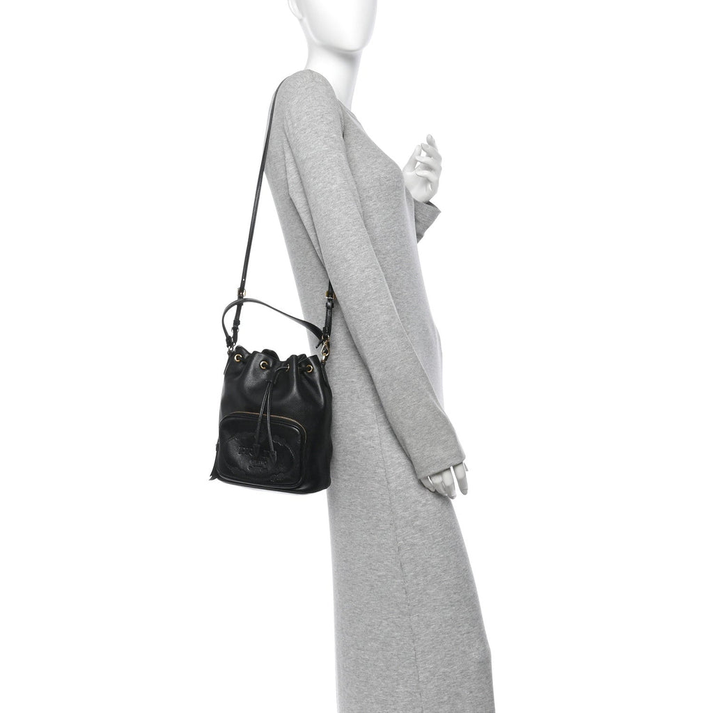 Glace Calfskin Embossed Secchiello Bucket Bag Black