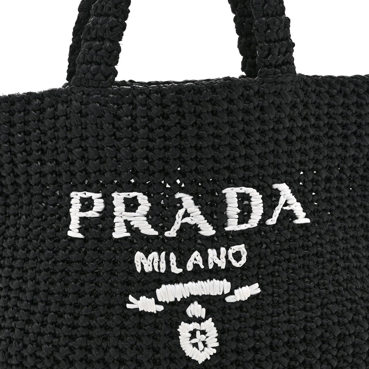 Yarn Raffia Effect Crochet Embroidered Small Logo Tote Black