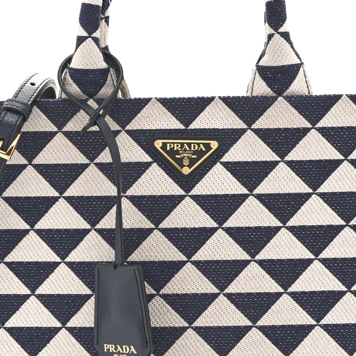 Jacquard Saffiano Triangolo Symbole Embroidered Small Tote Baltico Talco