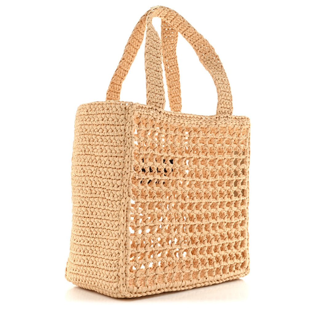 Yarn Raffia Effect Crochet Logo Embroidered Small Tote Bag Naturale