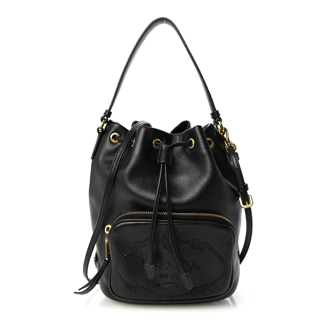 Glace Calfskin Embossed Secchiello Bucket Bag Black