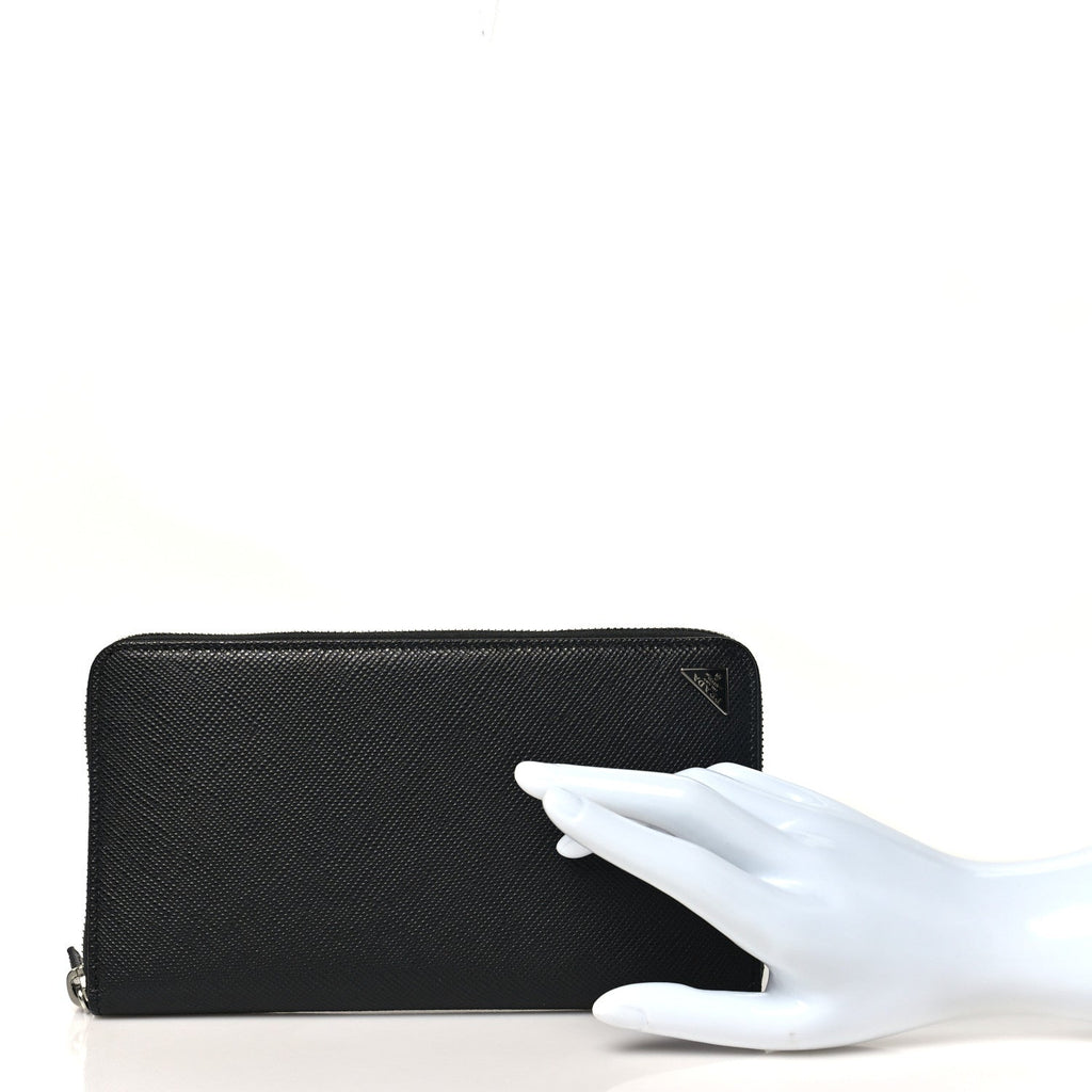 Saffiano Metal Large Zip Around Travel Wallet Black