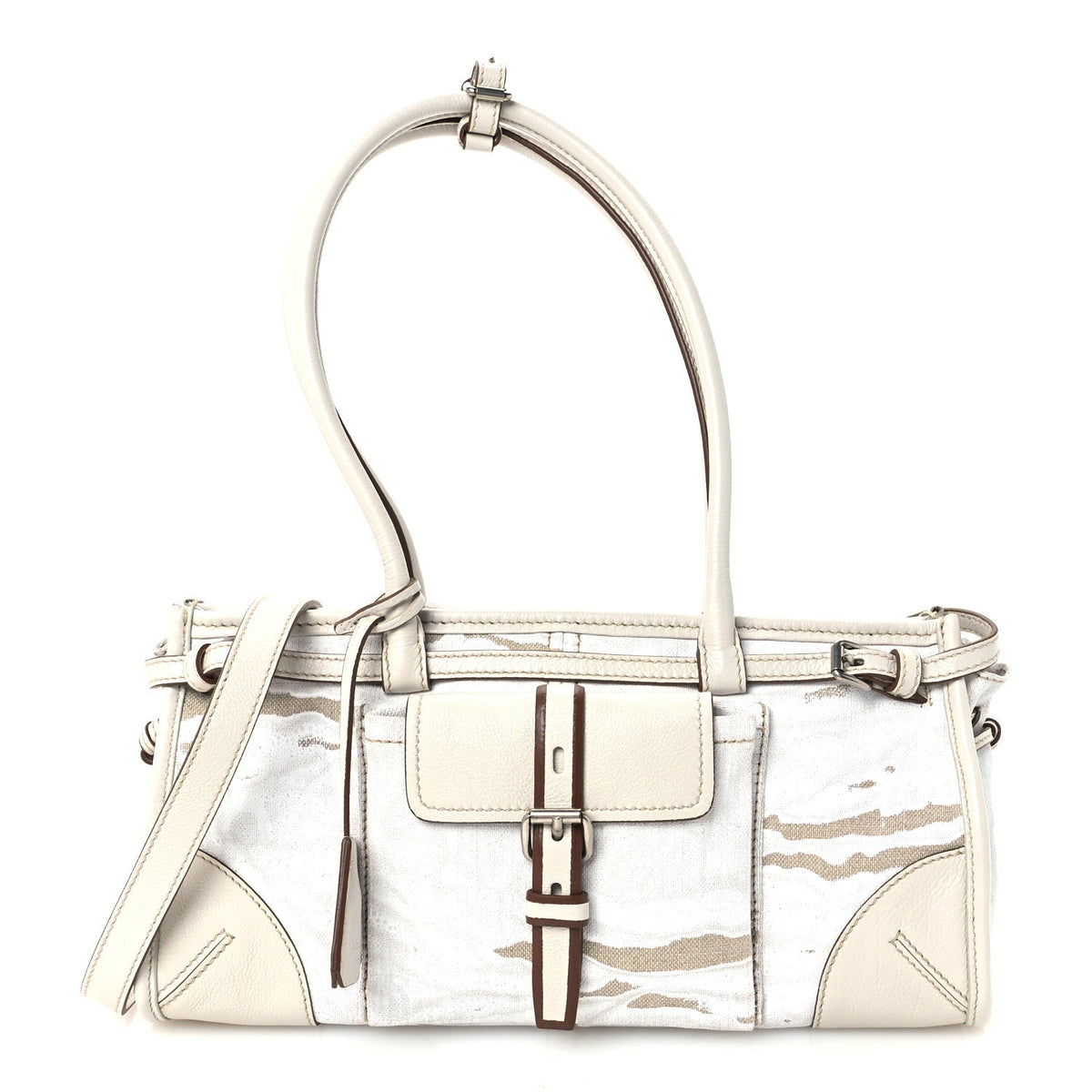 Linen Calfskin Printed Medium Bonnie Shoulder Bag White