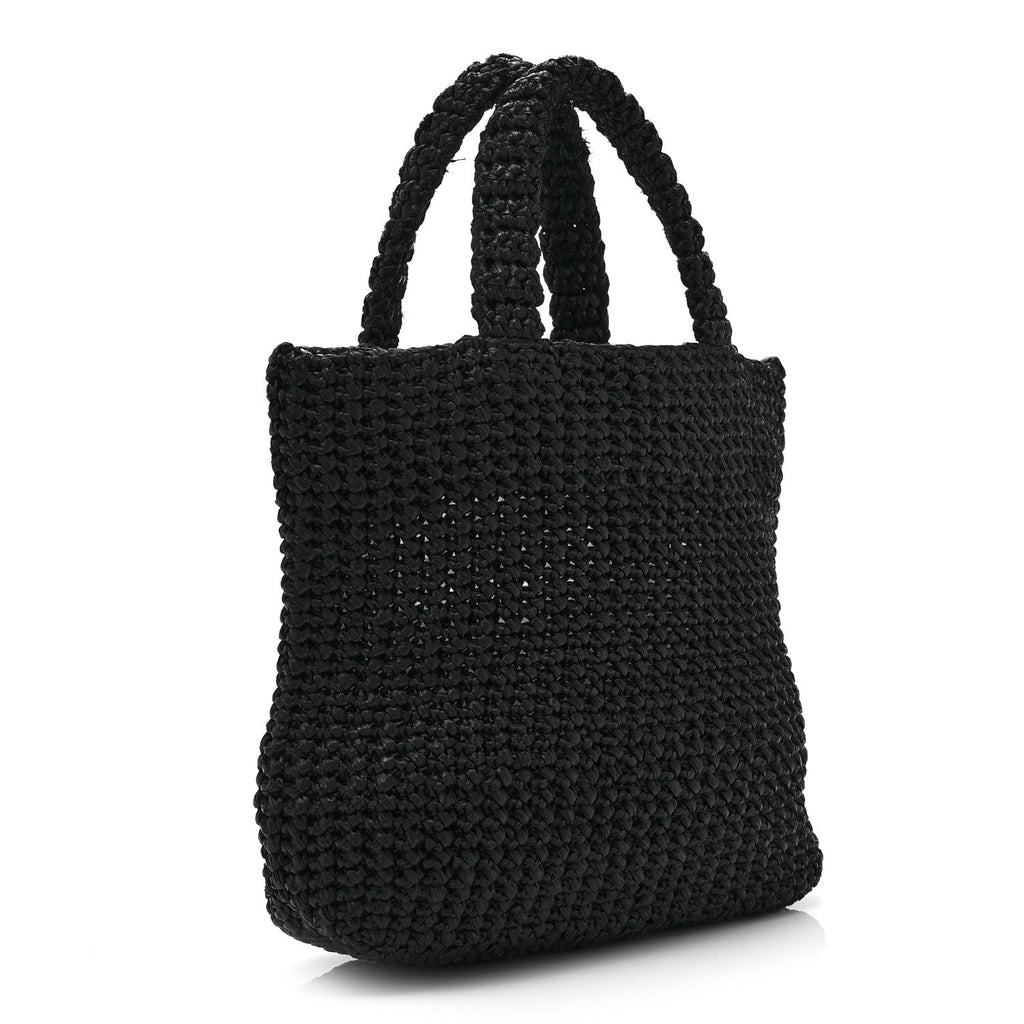 Yarn Raffia Effect Crochet Embroidered Small Logo Tote Black