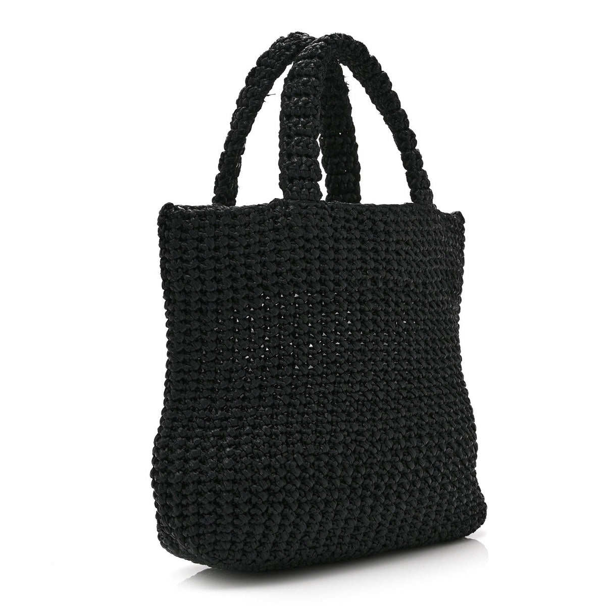 Yarn Raffia Effect Crochet Embroidered Small Logo Tote Black