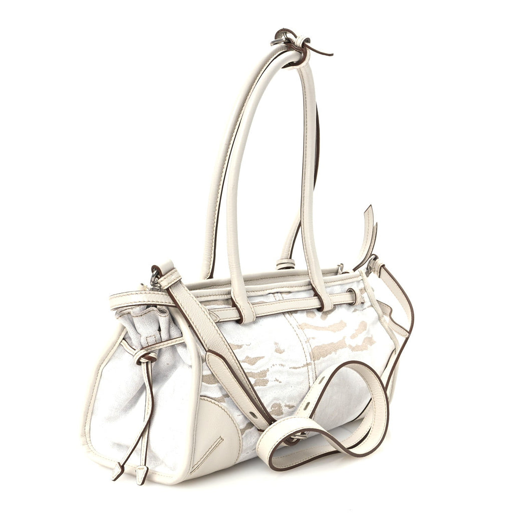 Linen Calfskin Printed Medium Bonnie Shoulder Bag White
