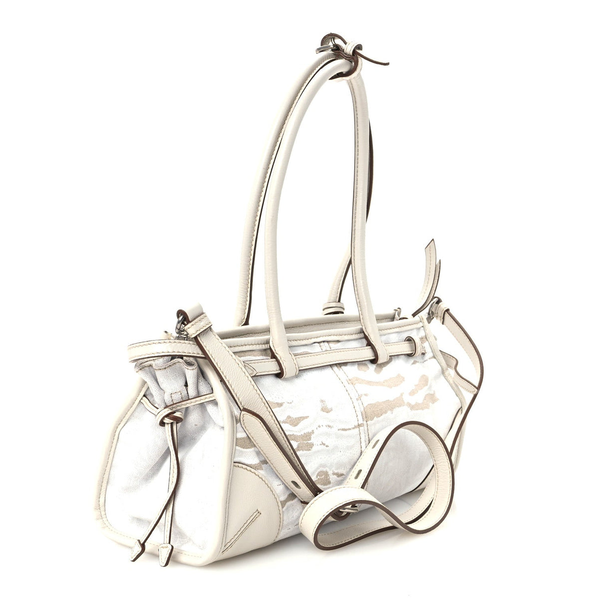 Linen Calfskin Printed Medium Bonnie Shoulder Bag White