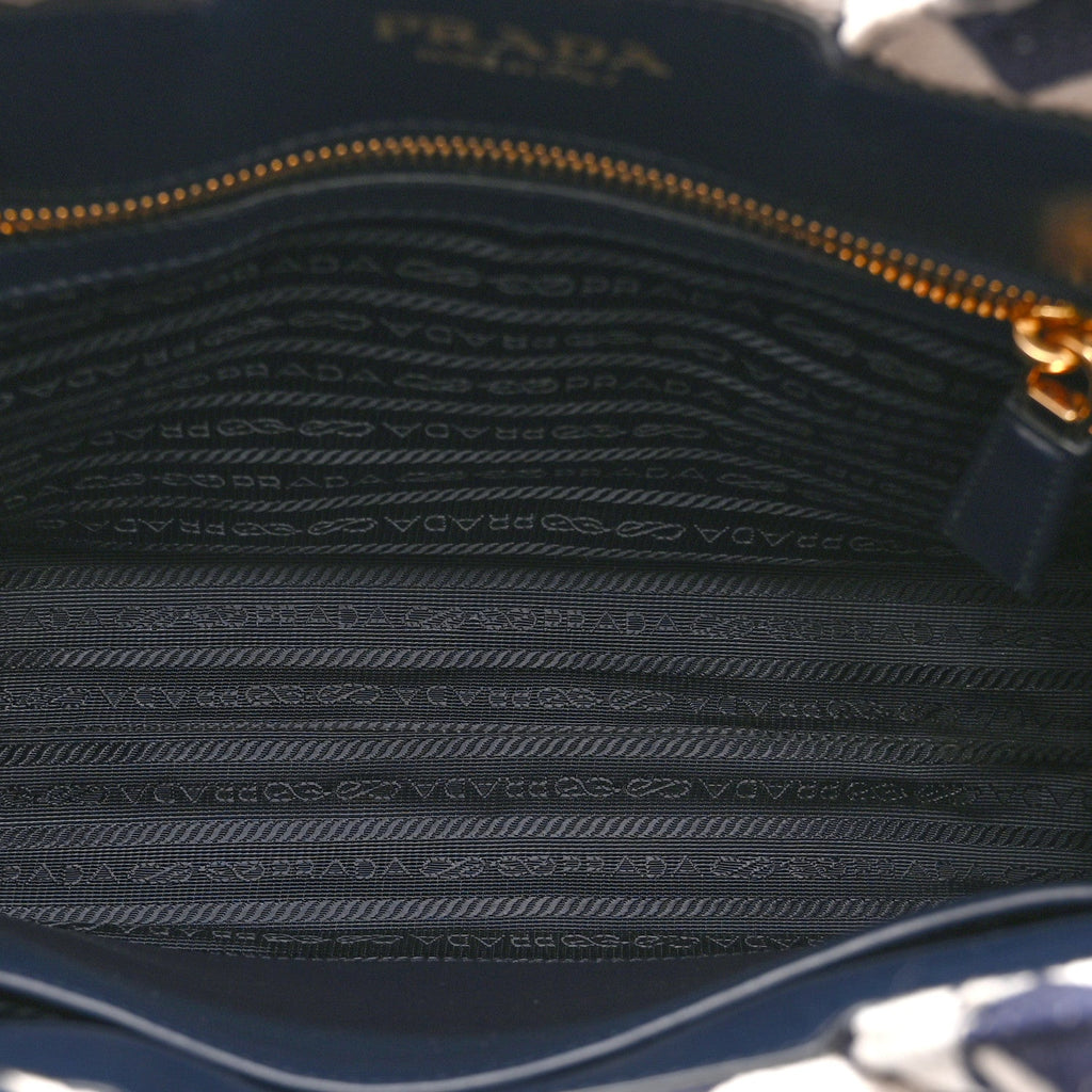 Jacquard Saffiano Triangolo Symbole Embroidered Small Tote Baltico Talco