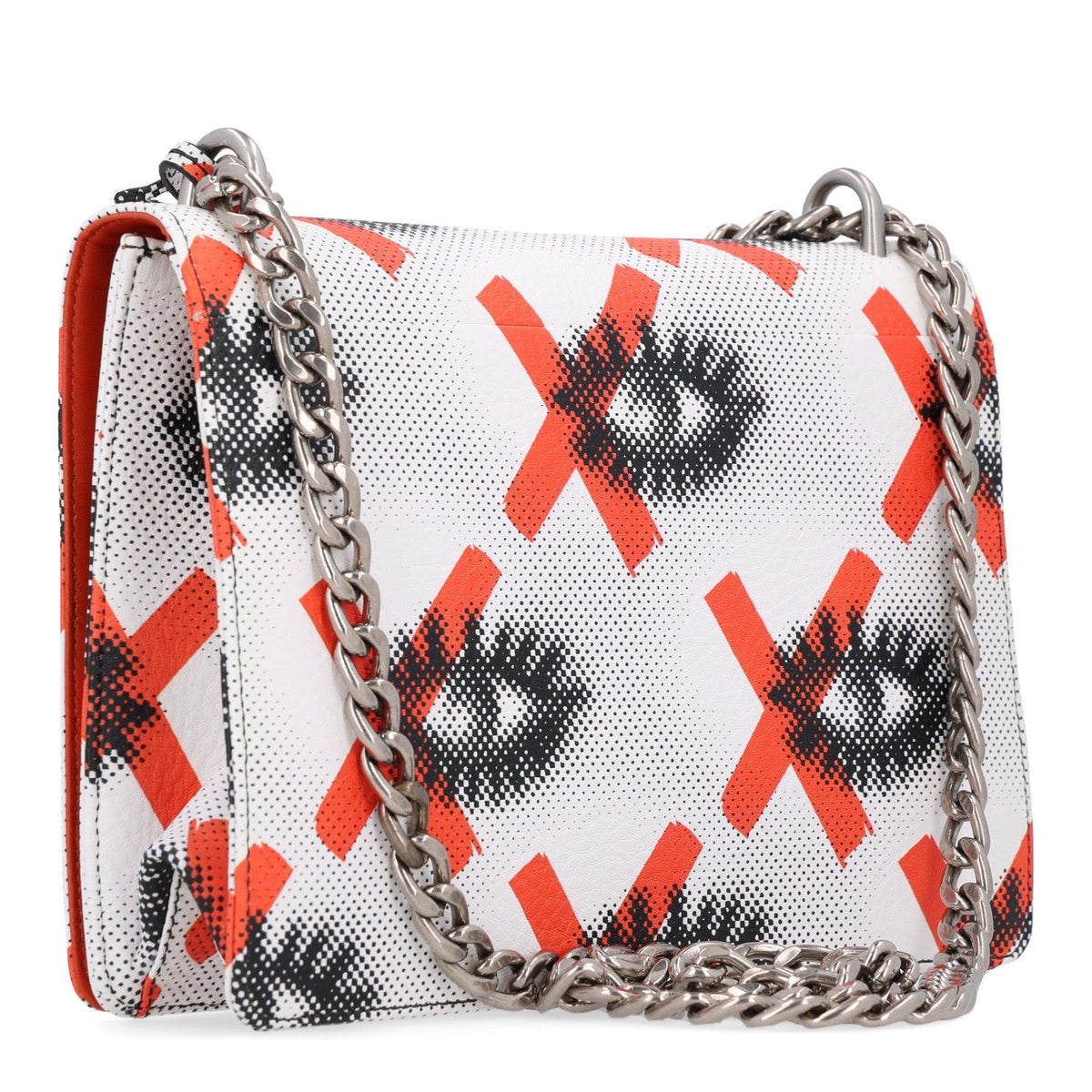 Vitello Daino Eye Inside Lock Flap Chain Shoulder Bag Bianco Arancio