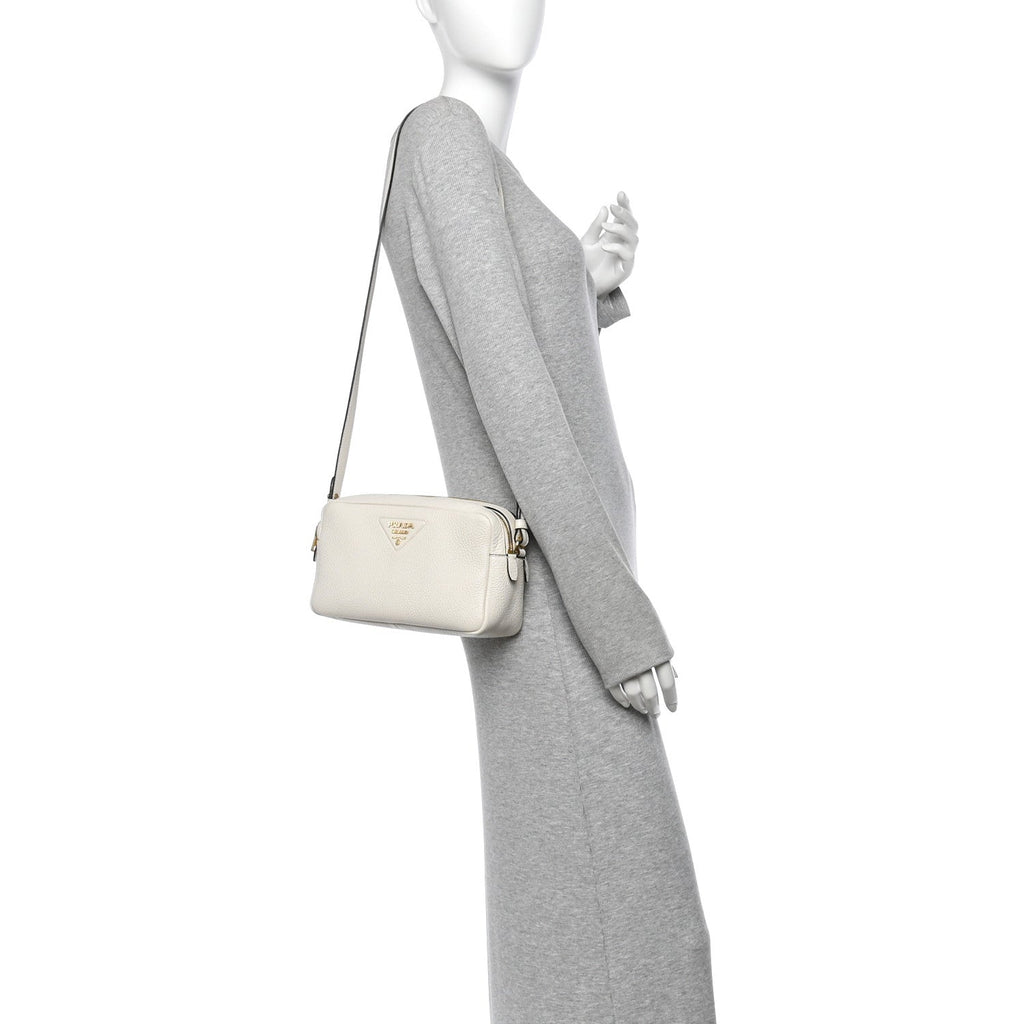 Vitello Daino Soft Medium Double Zip Shoulder Bag White