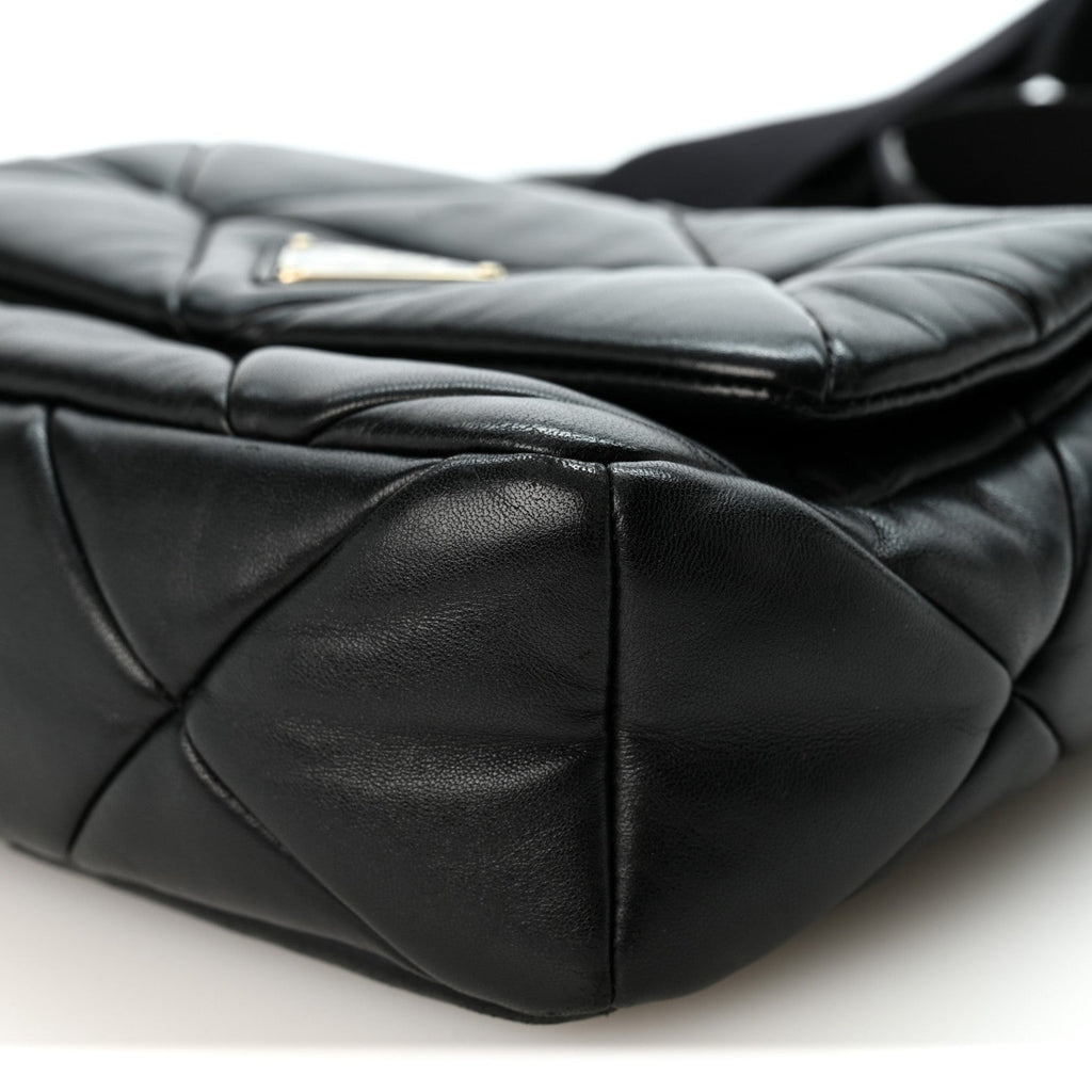 Nappa Re-Nylon Triangle Quilted Patchwork System Flap Shoulder Bag Black