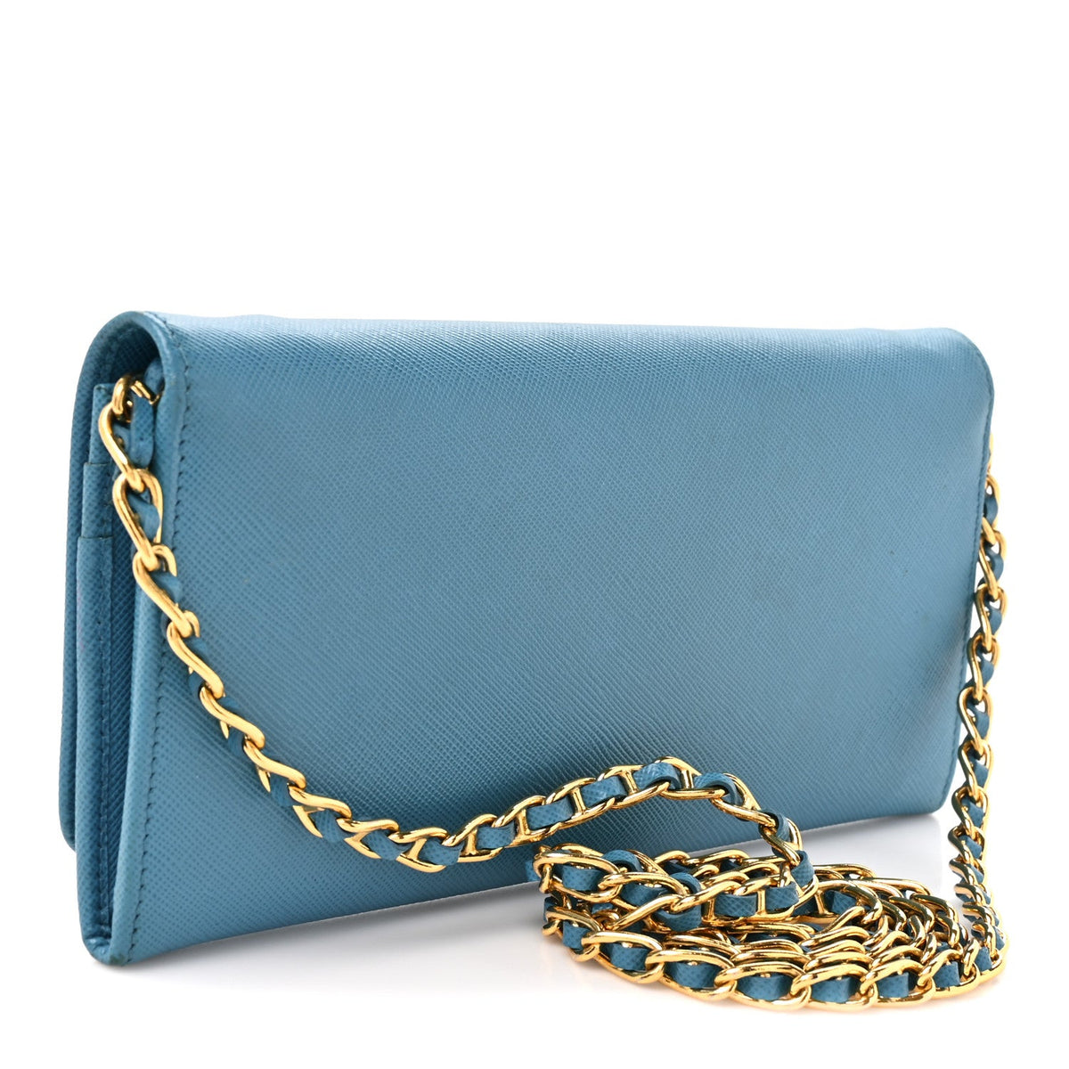 Saffiano Metal Oro Chain Wallet Celeste