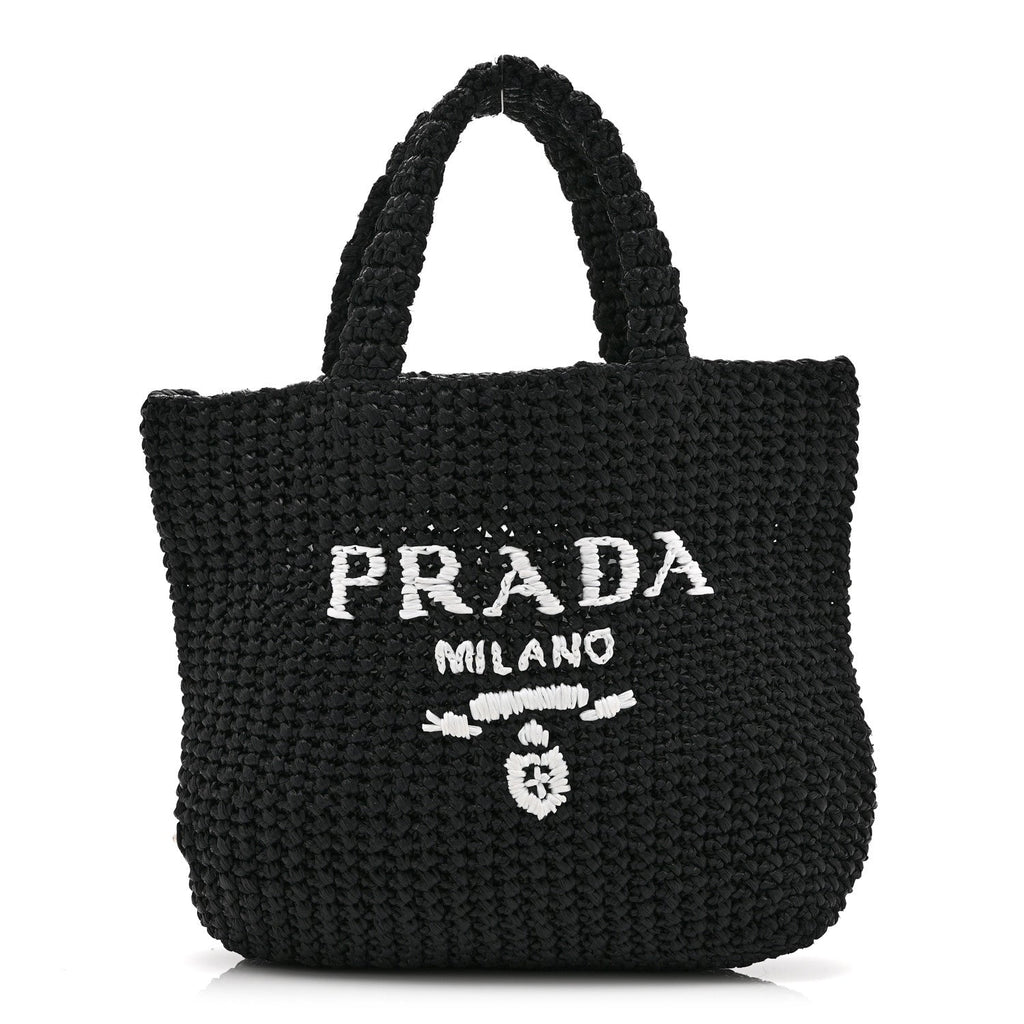 Yarn Raffia Effect Crochet Embroidered Small Logo Tote Black