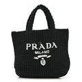 Yarn Raffia Effect Crochet Embroidered Small Logo Tote Black