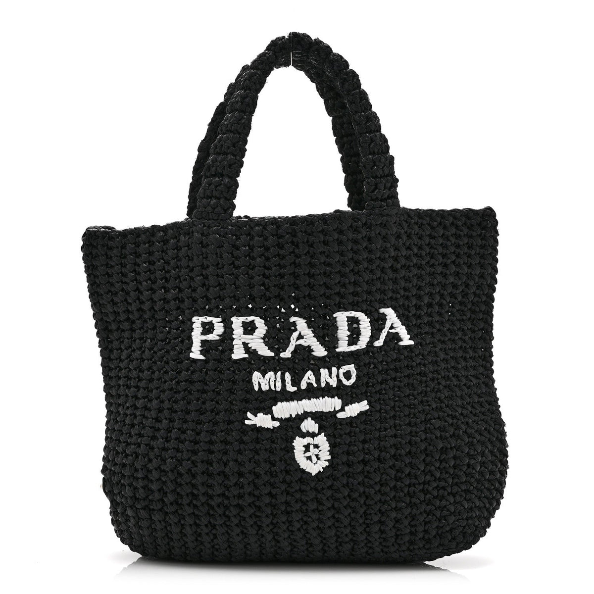 Yarn Raffia Effect Crochet Embroidered Small Logo Tote Black