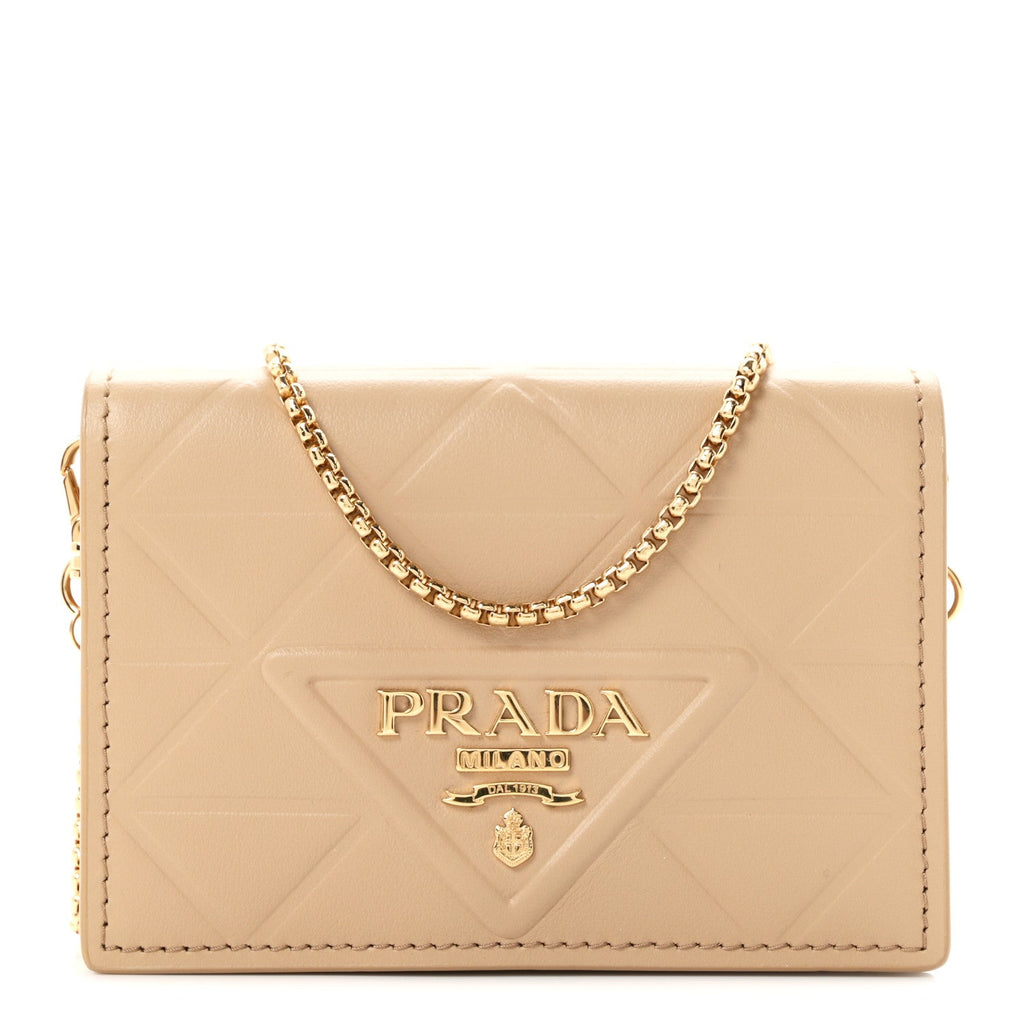 Nappa Quilted Metal Patchwork Triangle Logo Card Holder With Strap Sand Beige