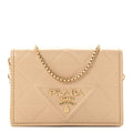 Nappa Quilted Metal Patchwork Triangle Logo Card Holder With Strap Sand Beige