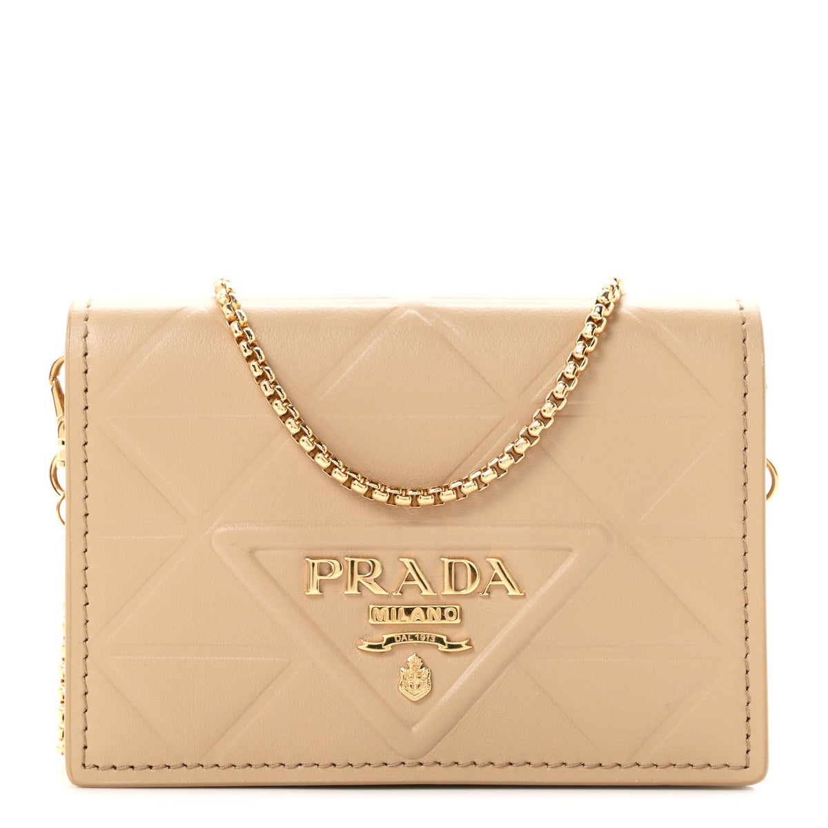 Nappa Quilted Metal Patchwork Triangle Logo Card Holder With Strap Sand Beige