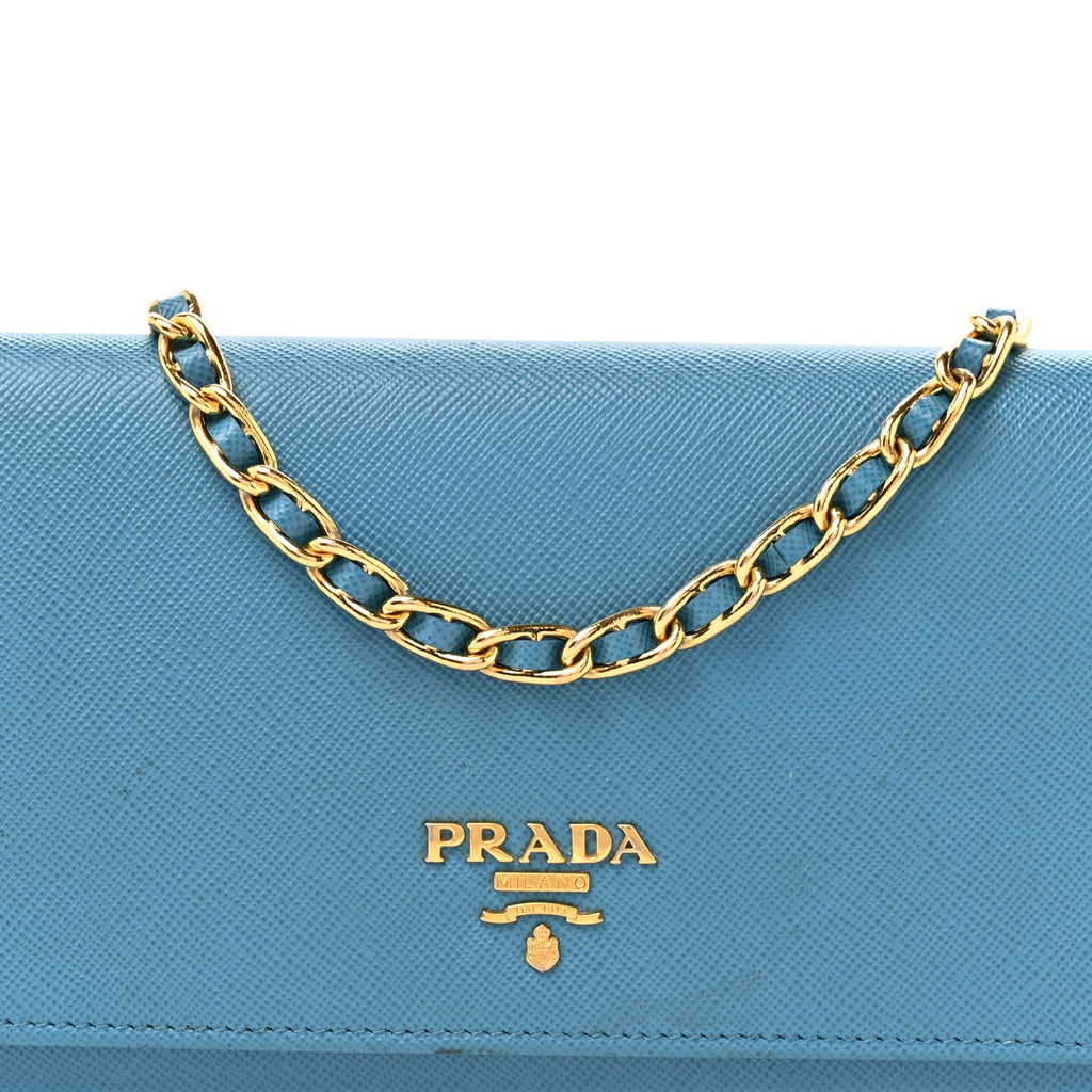 Saffiano Metal Oro Chain Wallet Celeste