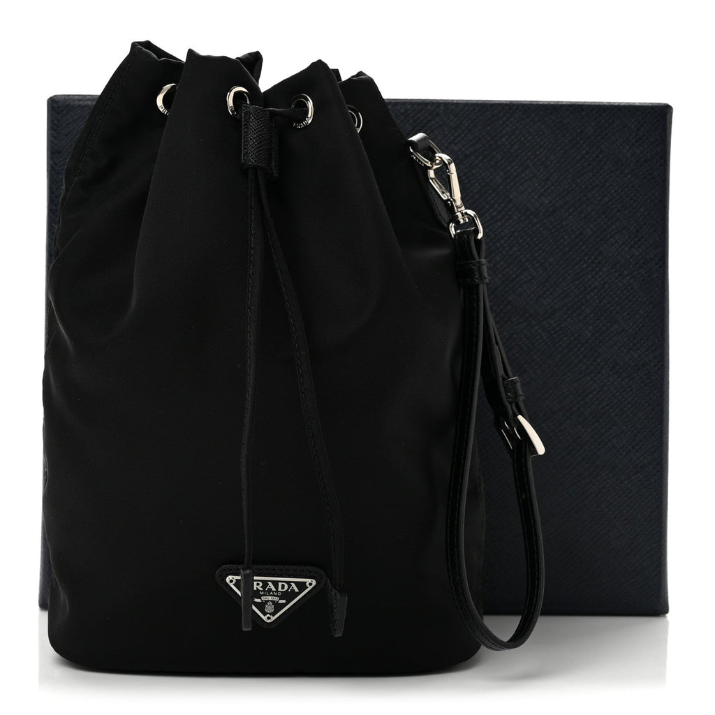 Saffiano Tessuto Re-Nylon Vela Bucket Wristlet Black