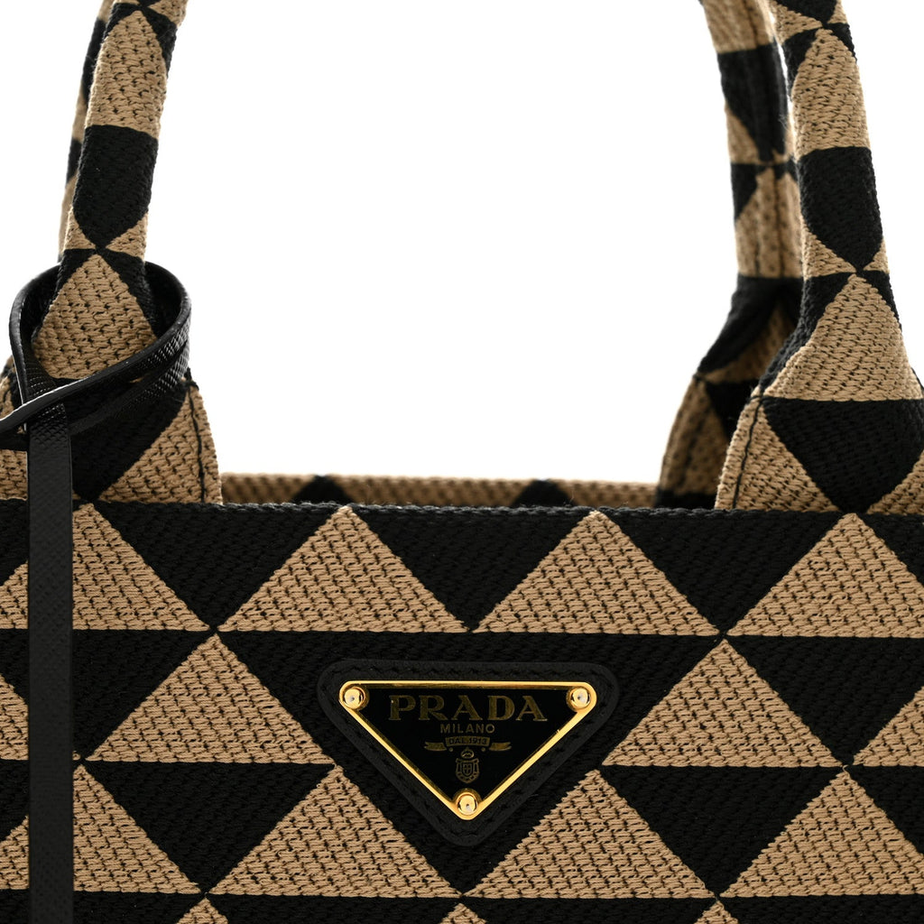 Jacquard Saffiano Triangolo Symbole Embroidered Small Tote Black Corda