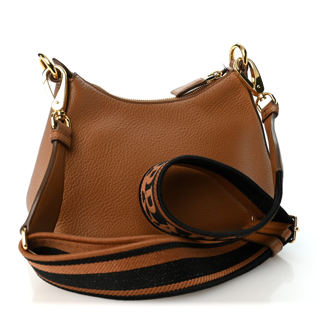 Vitello Daino Soft Zippered Hobo Shoulder Bag Caramel